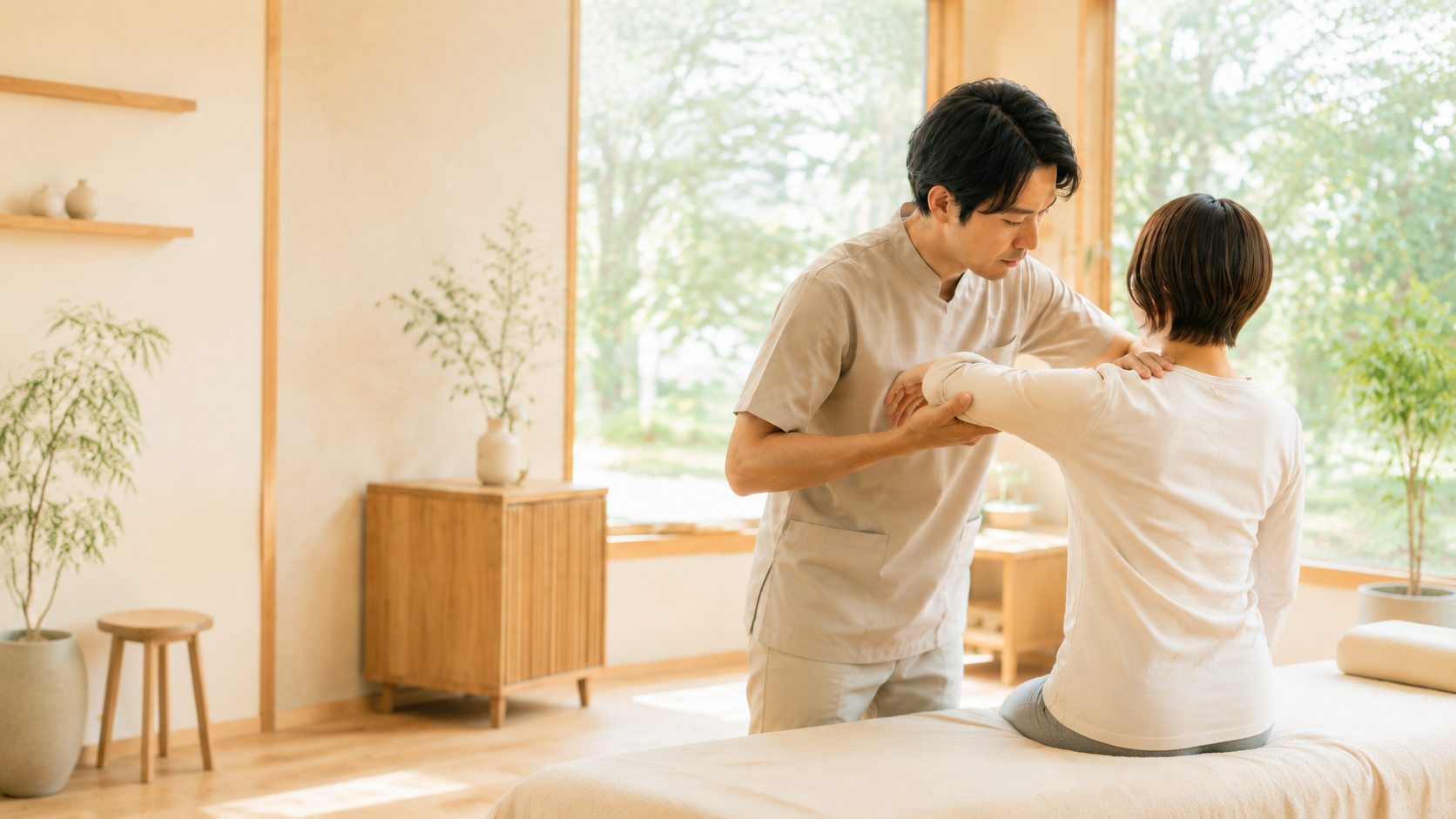 施術者が利用者の肩と腕をやさしく調整している様子